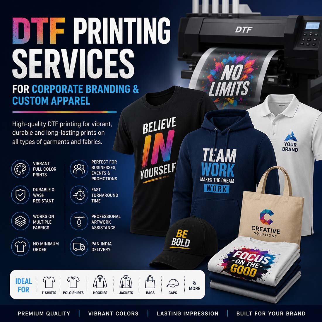 DTF Printing Services for Corporate Branding & Custom Apparel business page visual by Right Marc Solutions