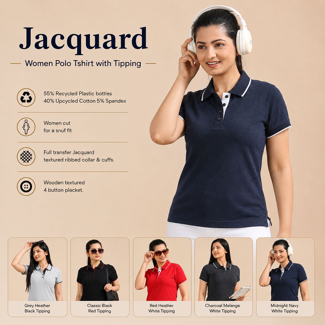 Women Jacquard Tipping Corporate Polo T-Shirt with Custom Logo | Promotional T-Shirts | DTF Printing Service, Embroidery T-Shirt Printing Service branding | product by Right Marc Solutions