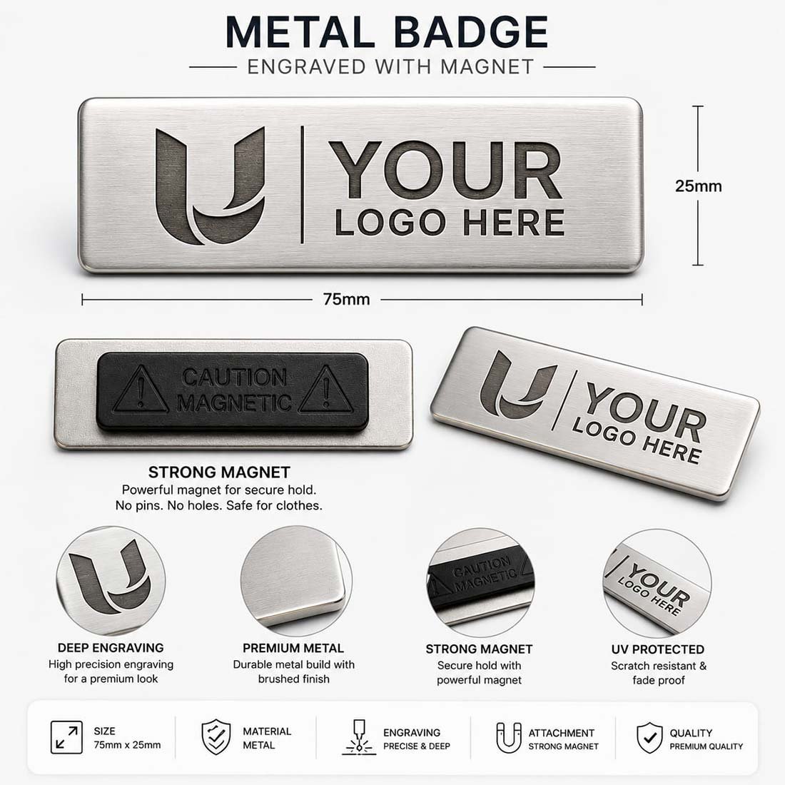 Executive 75x25mm Laser Engraved Brushed Metal Magnetic Staff Badge | Promotional Badges | Laser Engraving Service branding | product by Right Marc Solutions