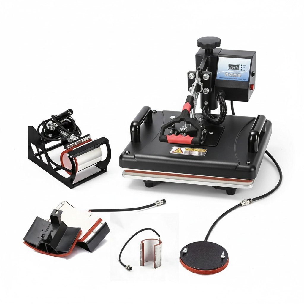 5 in 1 Heat Press Machine with T-Shirt, Mug, Cap and Plate Printing Attachments for Sublimation and Heat Transfer Printing Business Setup.