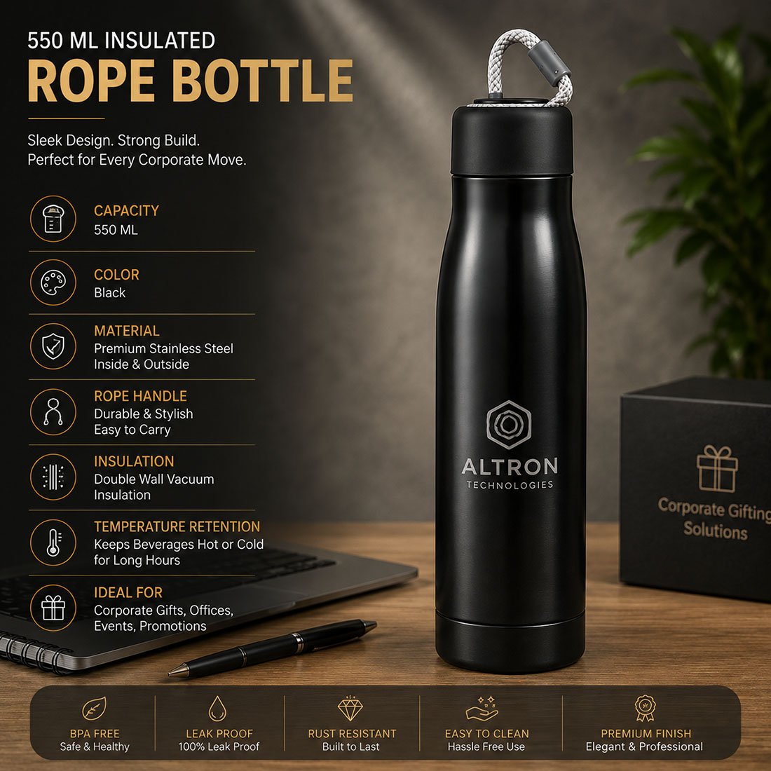 550ml Double-Wall Vacuum Insulated Corporate Bottle with Braided Rope Handle | Bottles & Flasks | UV Printing Service, Laser Engraving Service branding | product by Right Marc Solutions