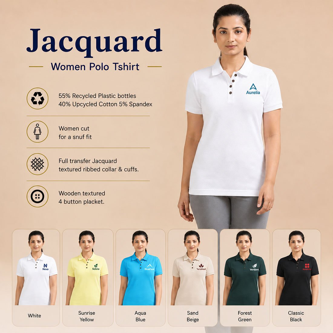 Women Tailored Solid Jacquard Workwear Polo Shirt | Promotional T-Shirts | DTF Printing Service, Embroidery T-Shirt Printing Service branding | product by Right Marc Solutions