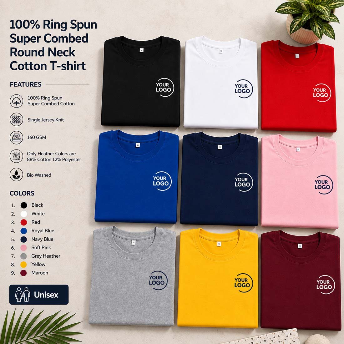 100% combed cotton 180 GSM bio-washed round neck promotional T-shirt with custom DTF company logo printing for corporate campaigns