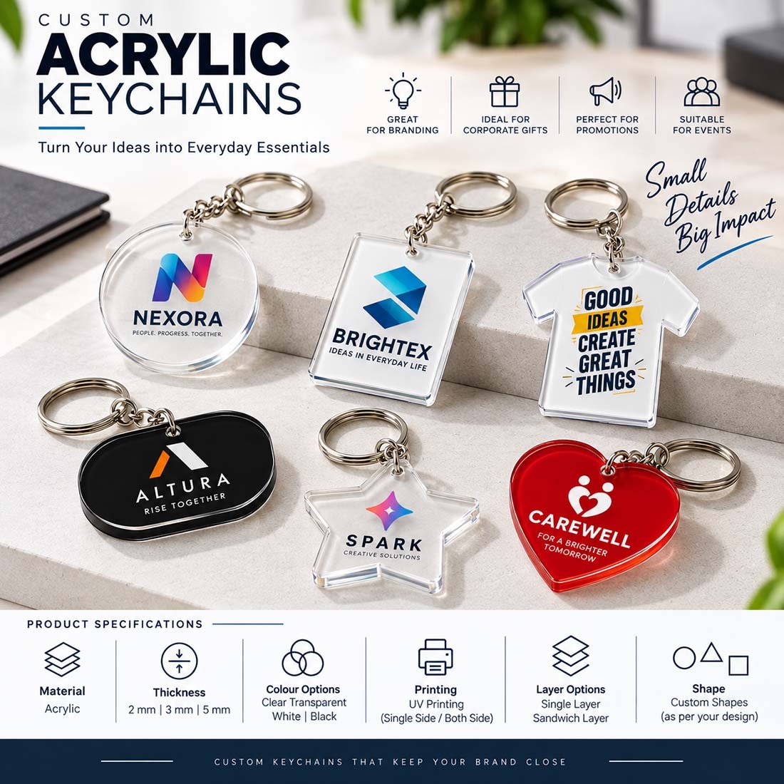 Custom contour cut acrylic keychains in circle oval star and t-shirt shapes with vibrant UV printed corporate logos