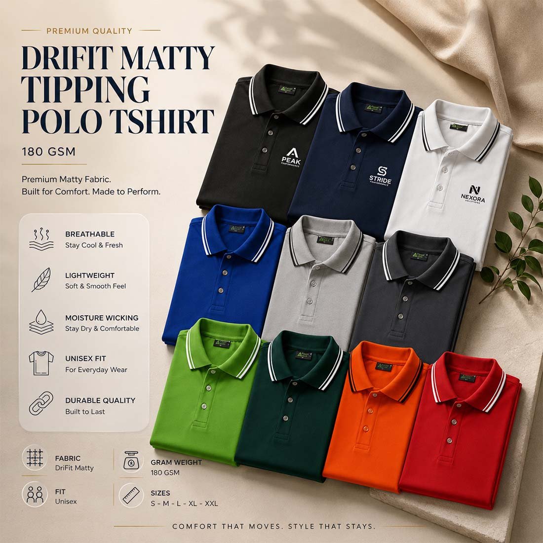 180 GSM Dry-Fit Matty Tipping Polo T-Shirt with Custom Company Logo Printing for Corporate, Staff, Team and Event Uniforms