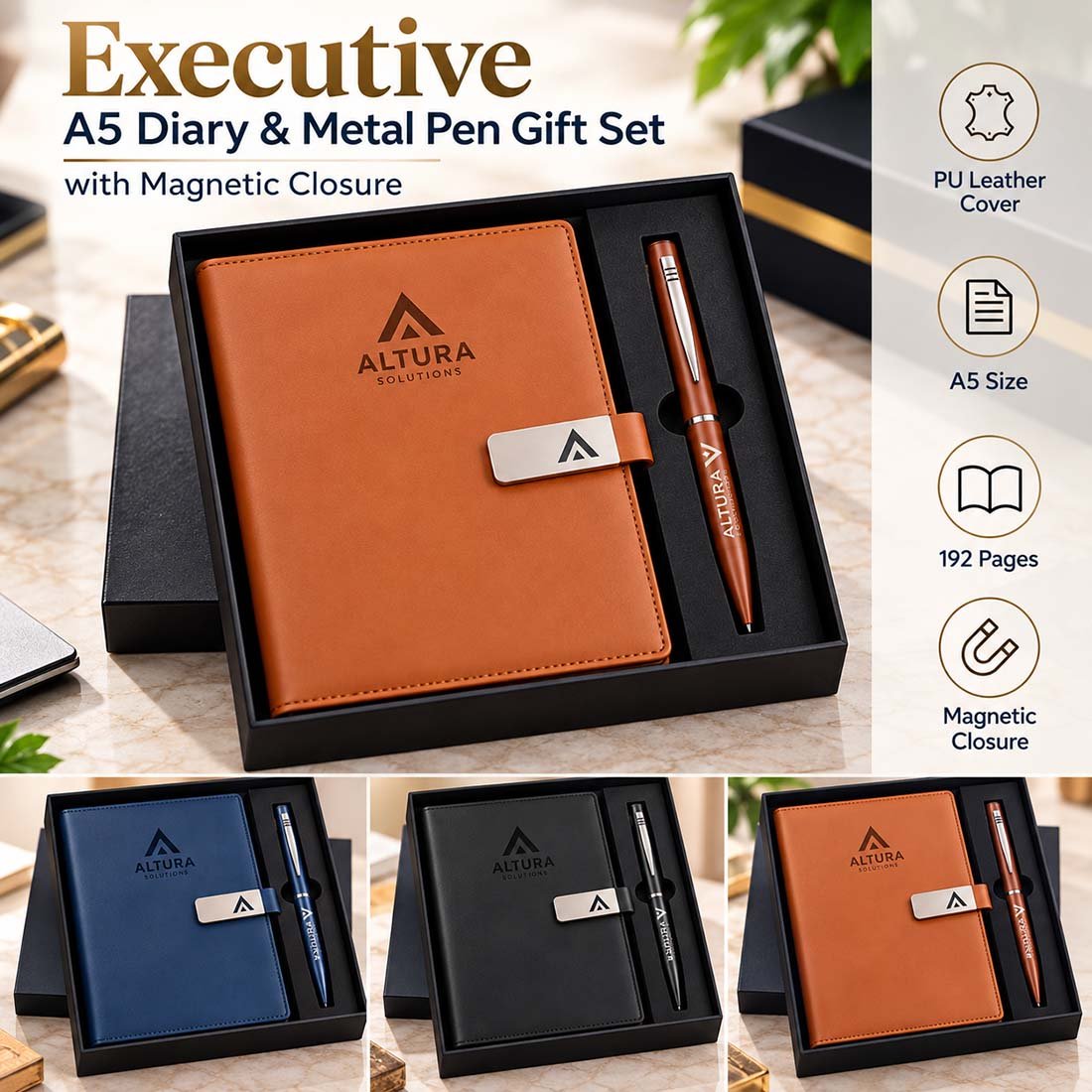 Executive A5 PU leather diary with magnetic closure and matching metal pen in luxury corporate gift box with custom company logo