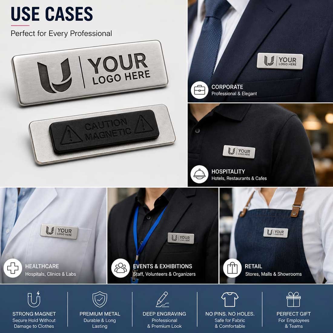 Executive 75x25mm Laser Engraved Brushed Metal Magnetic Staff Badge | Promotional Badges | Laser Engraving Service finish | gallery view 2