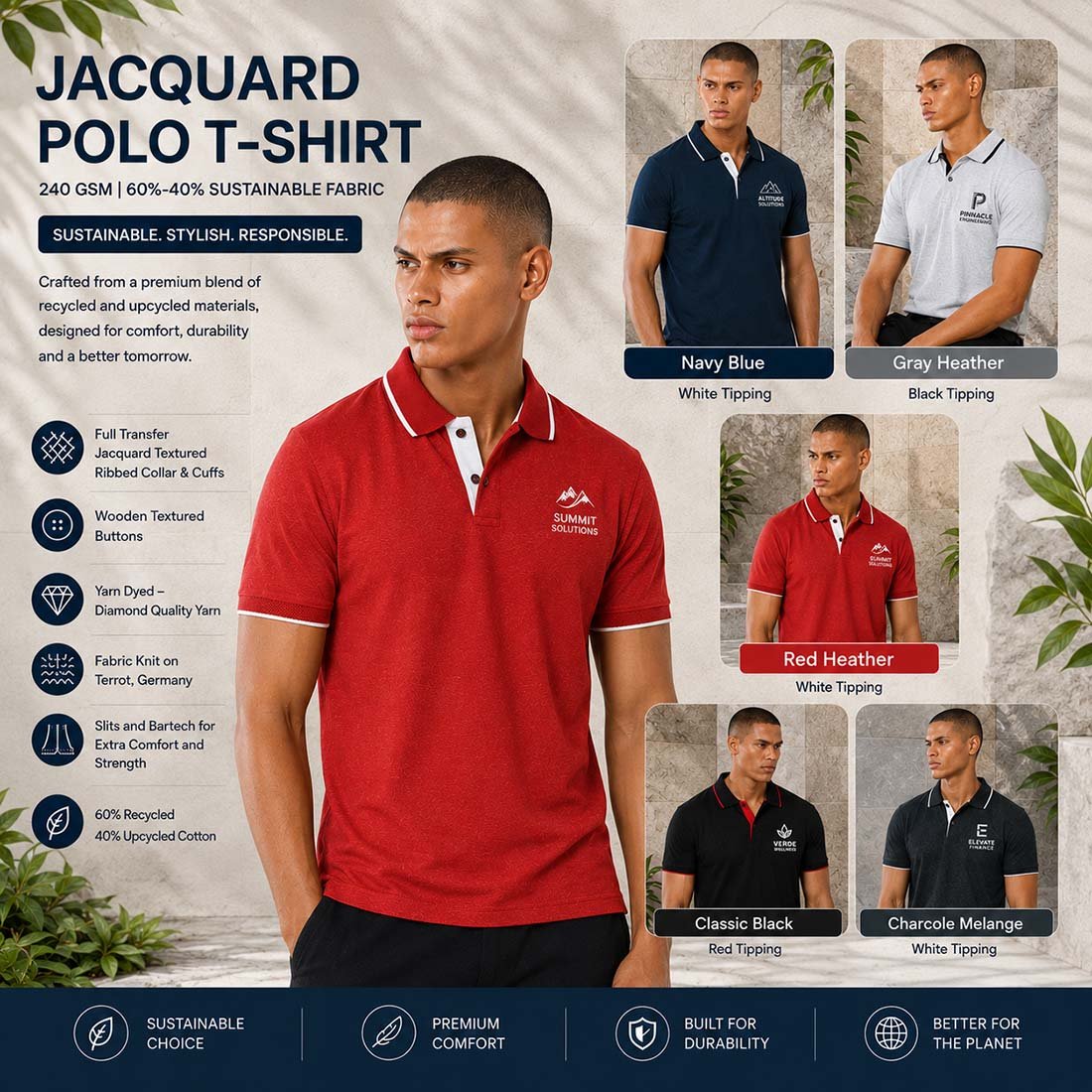 Contrast Tipping Jacquard Executive Polo Shirt | Promotional T-Shirts | DTF Printing Service, Embroidery T-Shirt Printing Service finish | gallery view 2