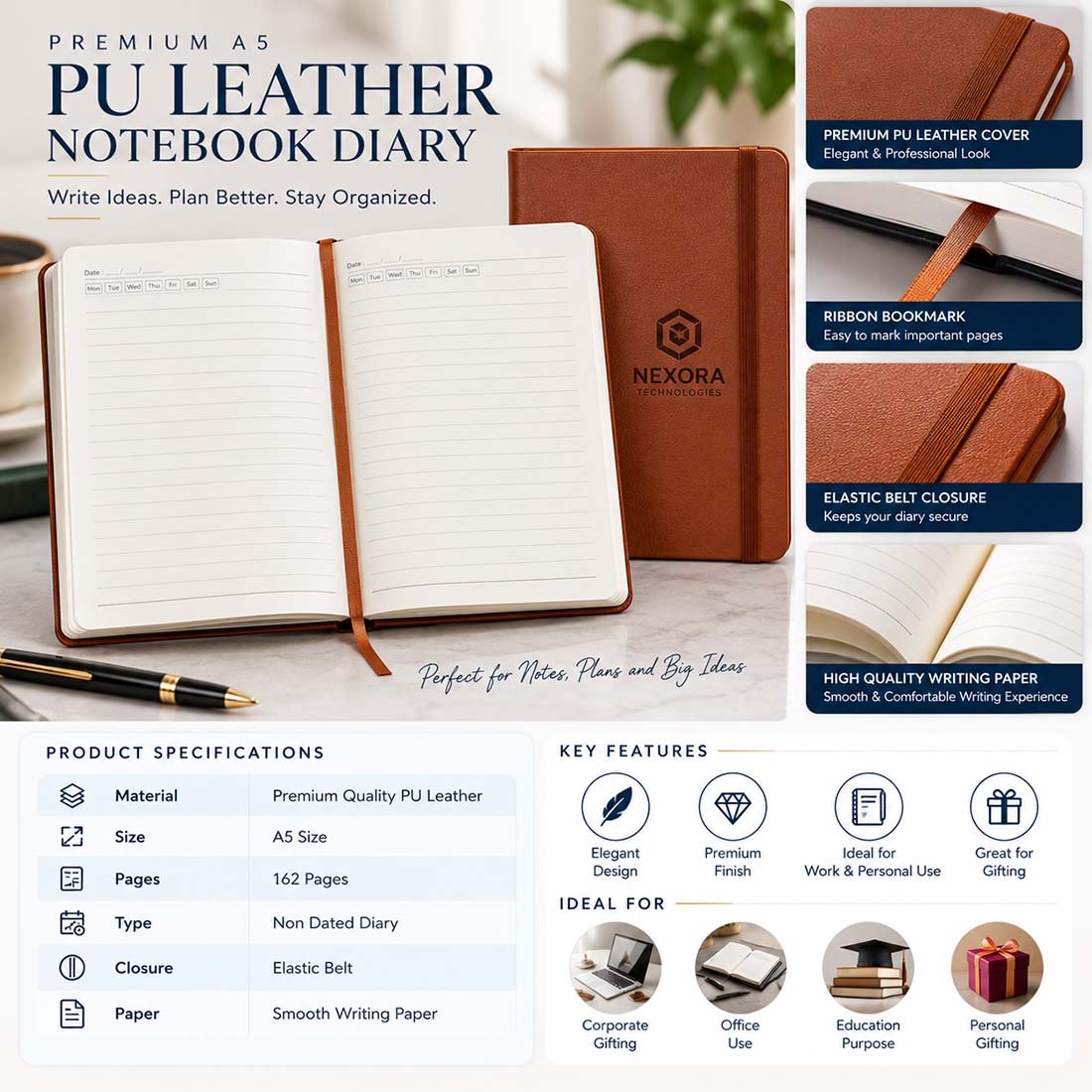 Classic Executive A5 PU Leather Diary with Elastic Band | Diaries and Notebooks | UV Printing Service, Laser Engraving Service finish | gallery view 1