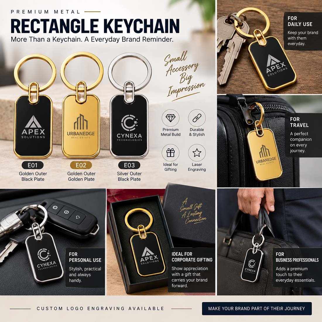 Premium Rectangle Metal Keychain with Custom Logo Engraving | Laser Engraved Keychains | Laser Engraving Service finish | gallery view 1