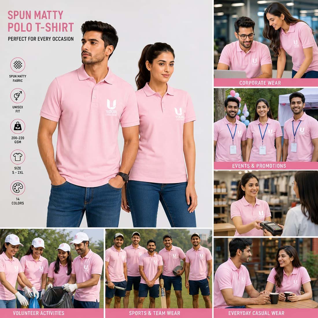 Spun Matty Pink Promotional Polo T-Shirts | Promotional T-Shirts | DTF Printing Service, Sublimation Printing Service, Embroidery T-Shirt Printing Service finish | gallery view 1