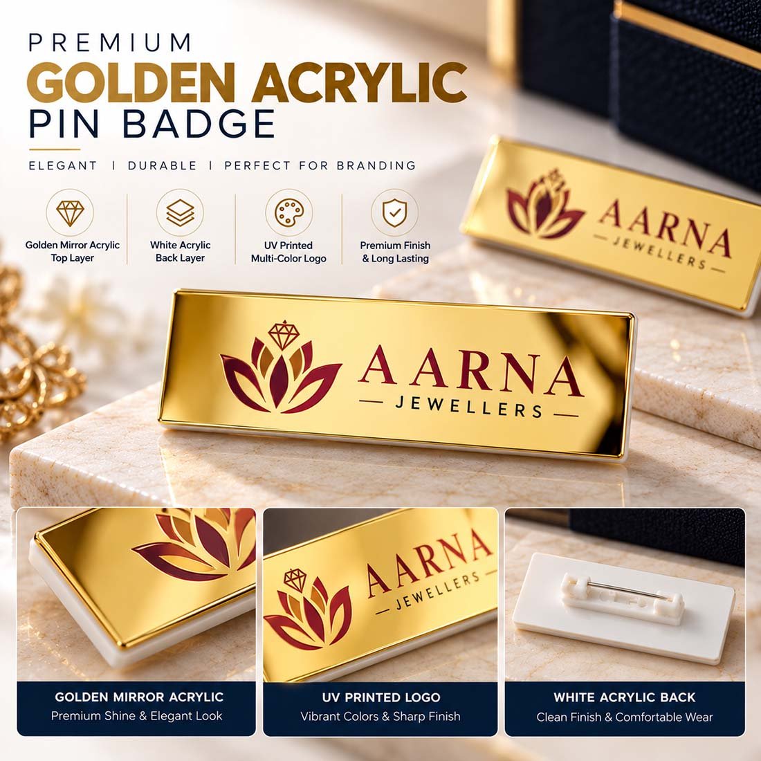 Executive golden mirror acrylic pin badge with white back layer and UV printed company logo for corporate staff