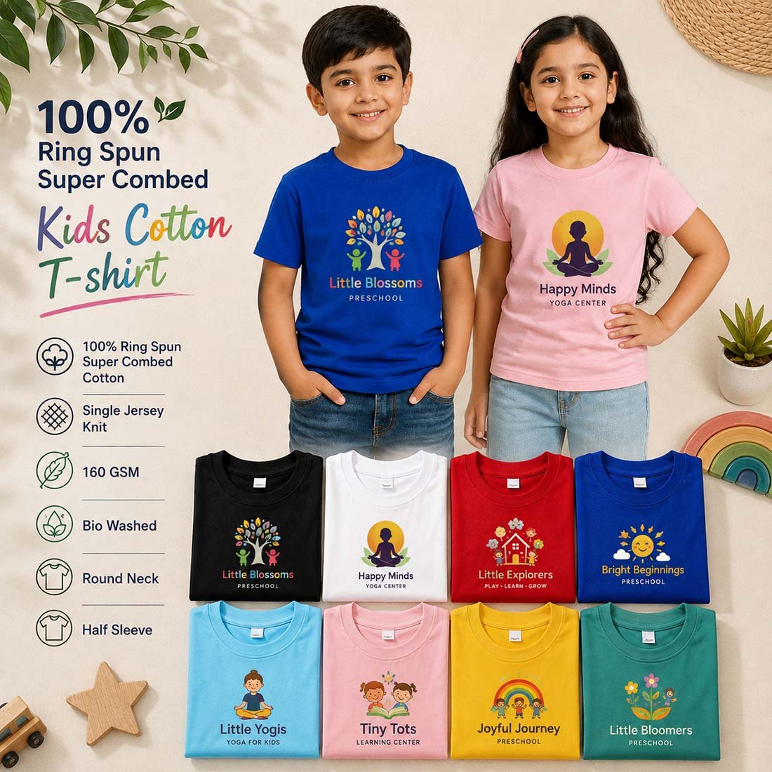 Promotional kids 100% combed cotton round neck T-shirt with child-safe eco-friendly logo printing for corporate family days and school events