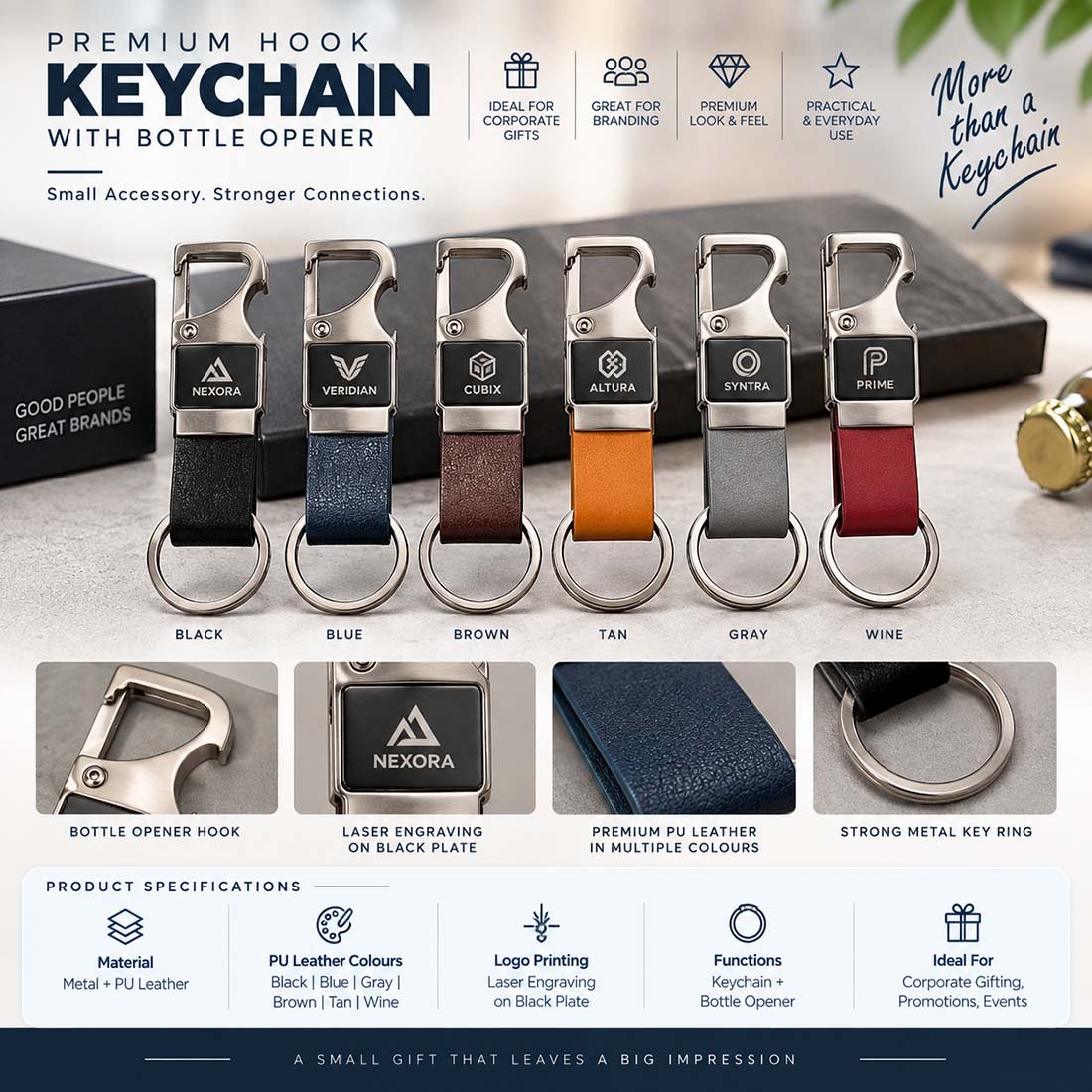 Multi-utility carabiner hook and bottle opener leather keychain with laser engraved company logo on black metal plate available in 6 corporate colors