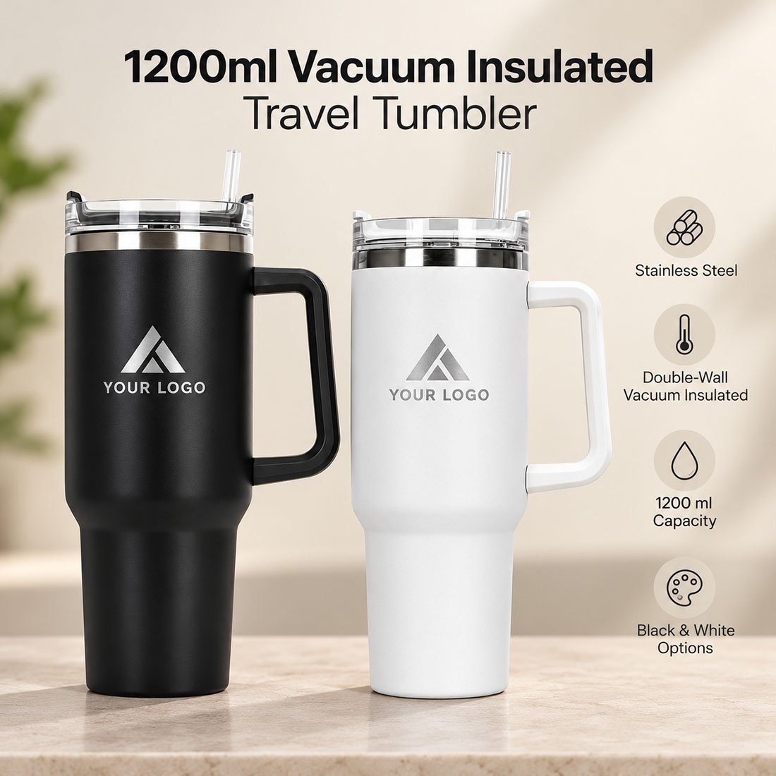 1200ml 40oz Vacuum Insulated Travel Tumbler with Grip Handle customized with logo by Right Marc Solutions Rajkot