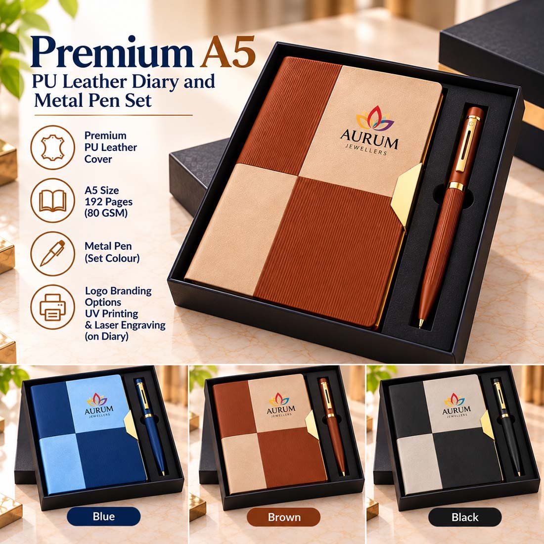 Executive A5 PU leather diary and color-matched metal pen 2-in-1 corporate gift set in luxury presentation box with custom logo