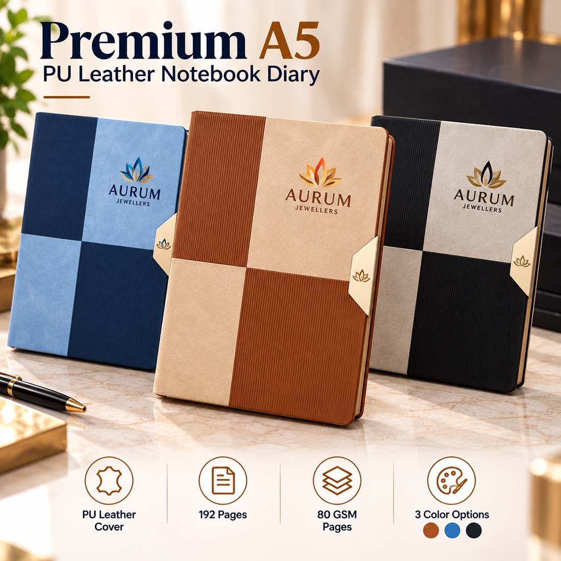 Designer A5 dual-tone textured PU leather notebook diary with golden metal accent and custom corporate logo branding
