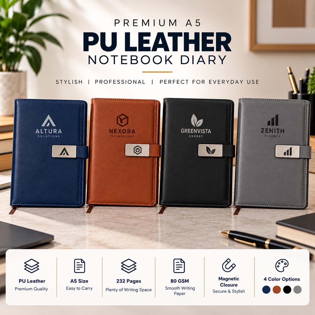 Premium A5 PU leather notebook diary with magnetic closure strap and custom company logo branding for corporate gifting