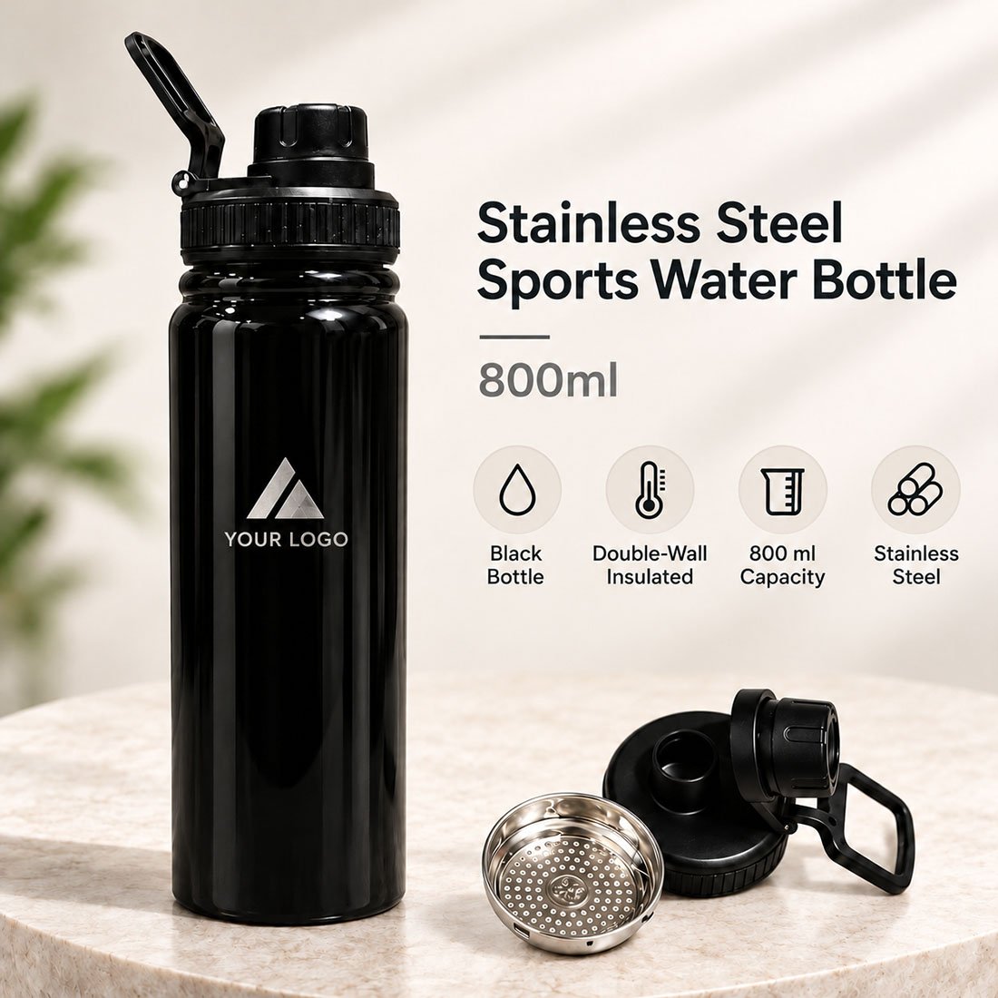 800ml Stainless Steel Sports Water Bottle with Infuser and Carry Handle customized with logo by Right Marc Solutions Rajkot
