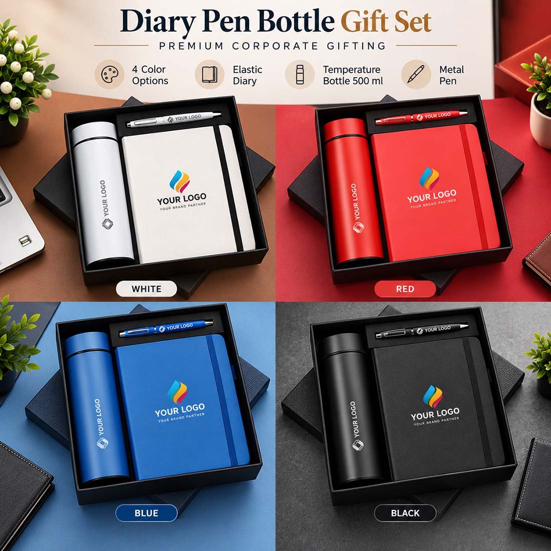 Executive A5 Diary Metal Pen and Smart Temperature Bottle 3-in-1 Gift Set in 4 Colors customized by Right Marc Solutions Rajkot