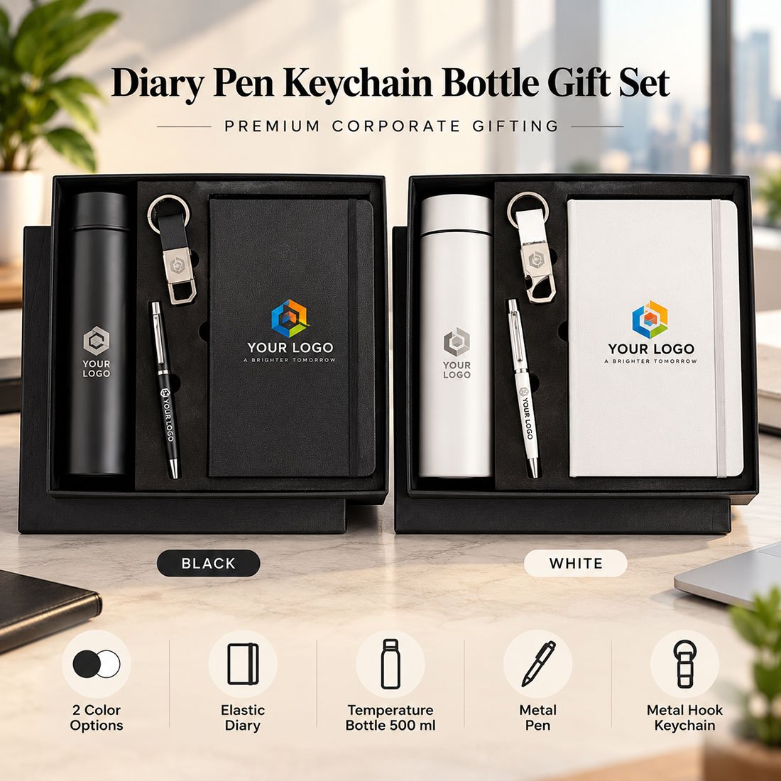 Executive 4-in-1 Gift Set with Diary Bottle Pen and Keychain in Black and White customized by Right Marc Solutions Rajkot