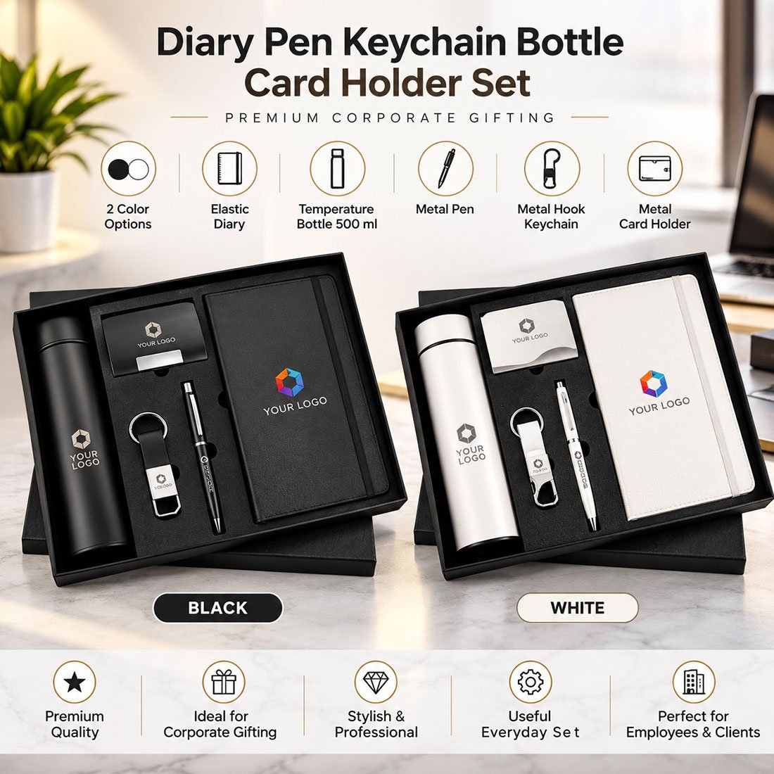 Luxury 5-in-1 Gift Set with Diary Bottle Pen Card Holder and Keychain in Black and White customized by Right Marc Solutions Rajkot