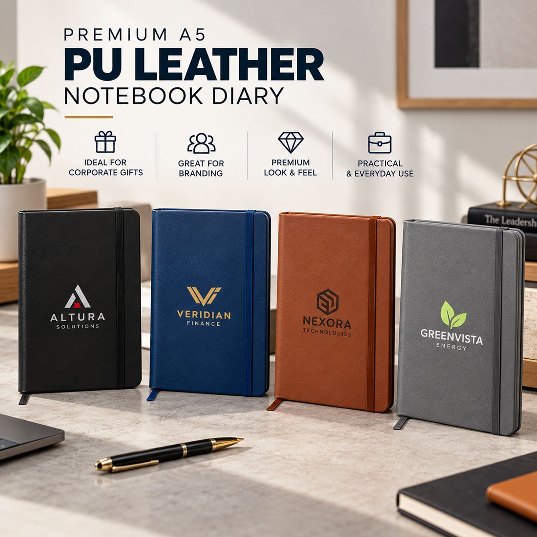 Classic executive A5 PU leather notebook diary with elastic band closure and ribbon bookmark for corporate gifting in 4 colors