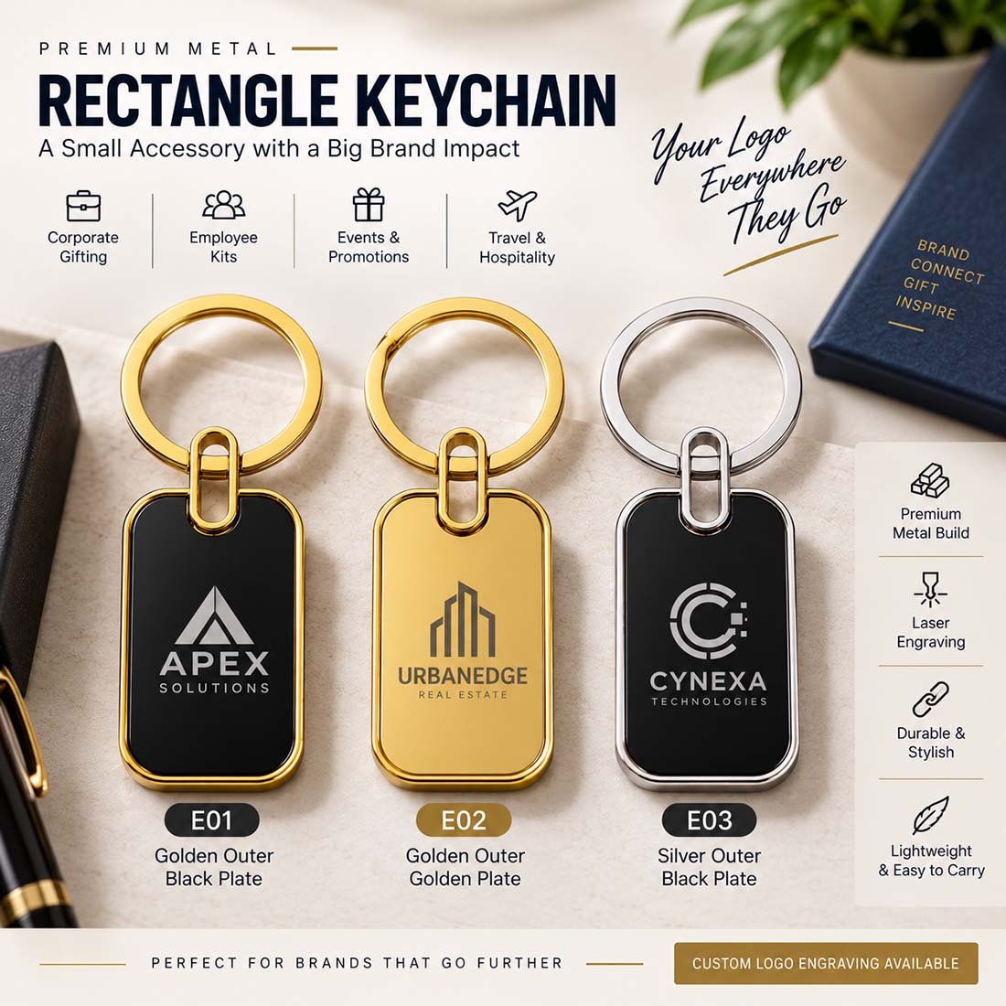 Premium rectangle metal keychain with precision fiber laser engraved company logo on brushed silver finish for corporate gifting
