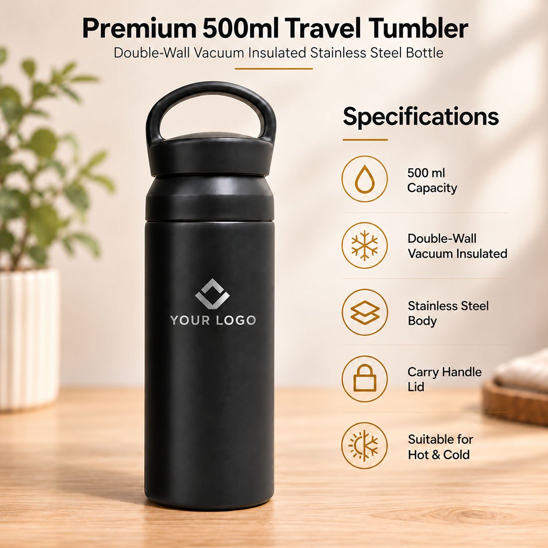 500ml Matte Black Insulated Stainless Steel Travel Coffee Tumbler with Carry Handle Lid customized with logo by Right Marc Solutions Rajkot