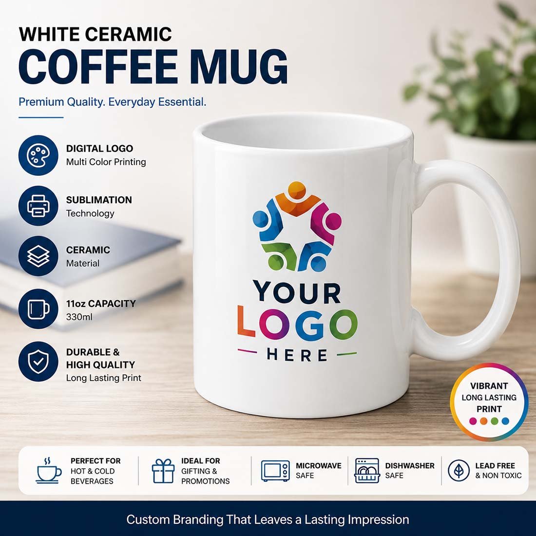 Custom sublimation white ceramic coffee mug 11oz 330ml with full color digital corporate logo printing for office gifting