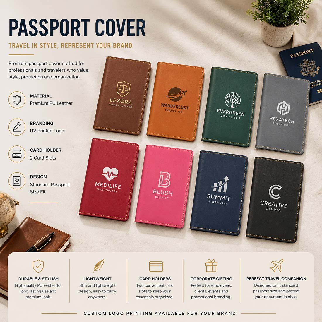 Executive PU leather passport cover and travel wallet in black and tan with custom laser engraved company logo and card slots
