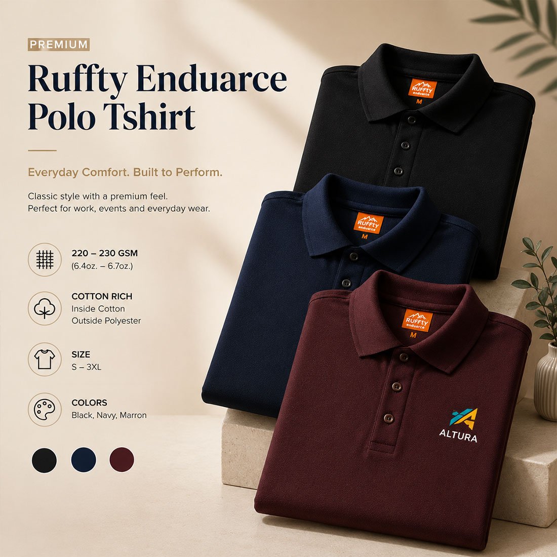 Ruffty Endurance premium corporate polo T-shirt in black, navy blue and maroon with custom company logo printing