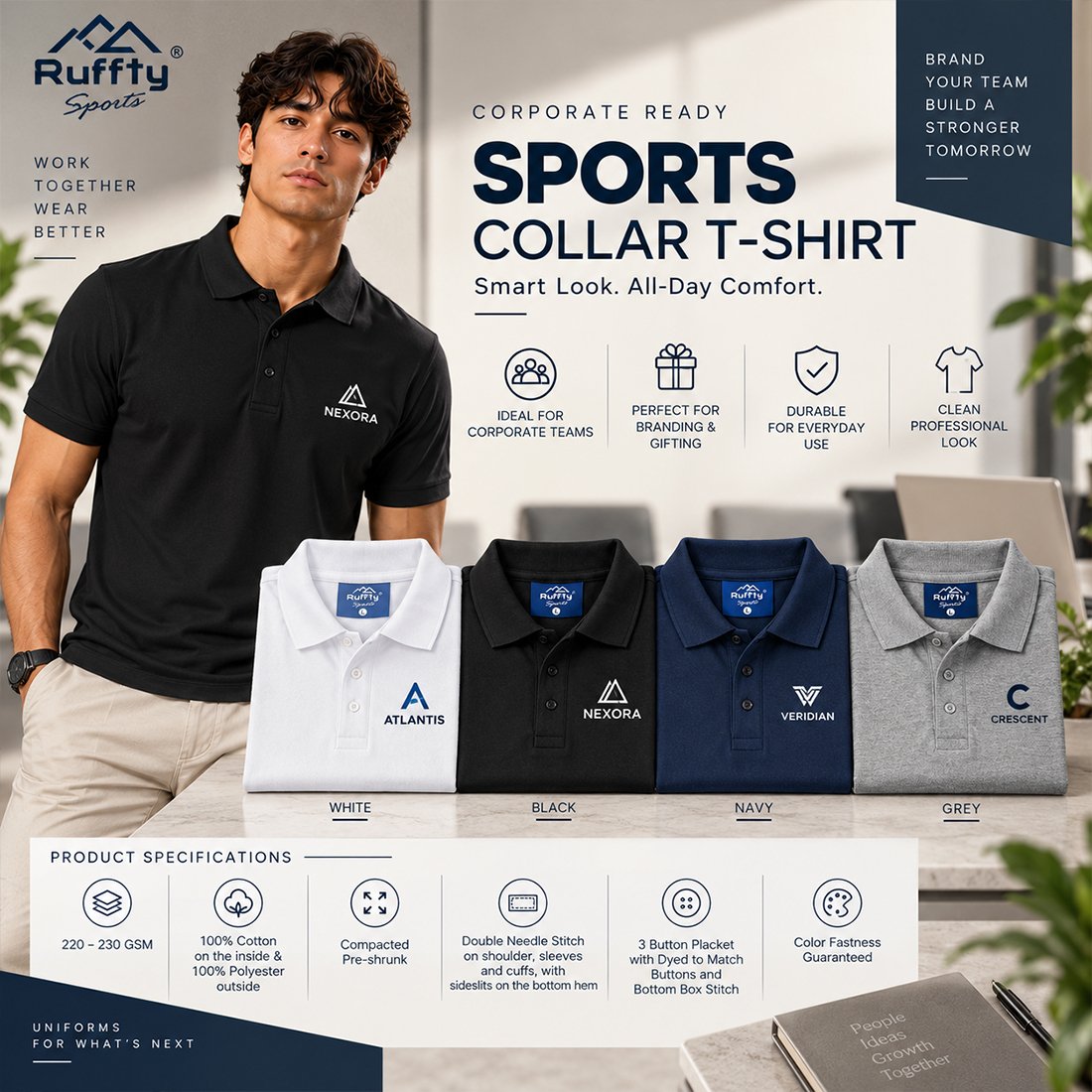 Ruffty Sports Dual-Knit 230 GSM Corporate Uniform Polo T-Shirt | Promotional T-Shirts | DTF Printing Service, Embroidery T-Shirt Printing Service branding | product by Right Marc Solutions