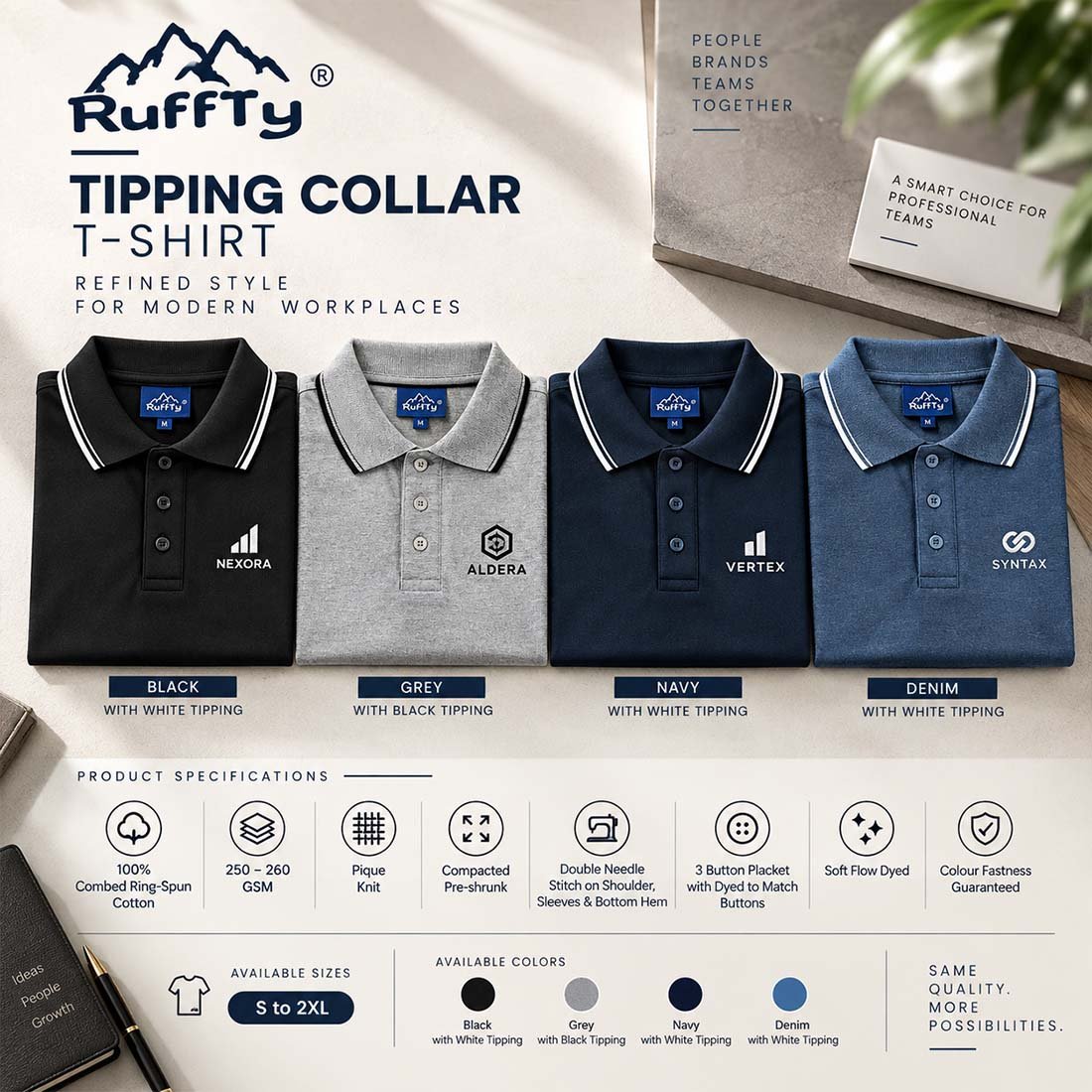 Ruffty 260 GSM Combed Cotton Tipped Corporate Polo T-Shirt | Promotional T-Shirts | DTF Printing Service, Embroidery T-Shirt Printing Service branding | product by Right Marc Solutions