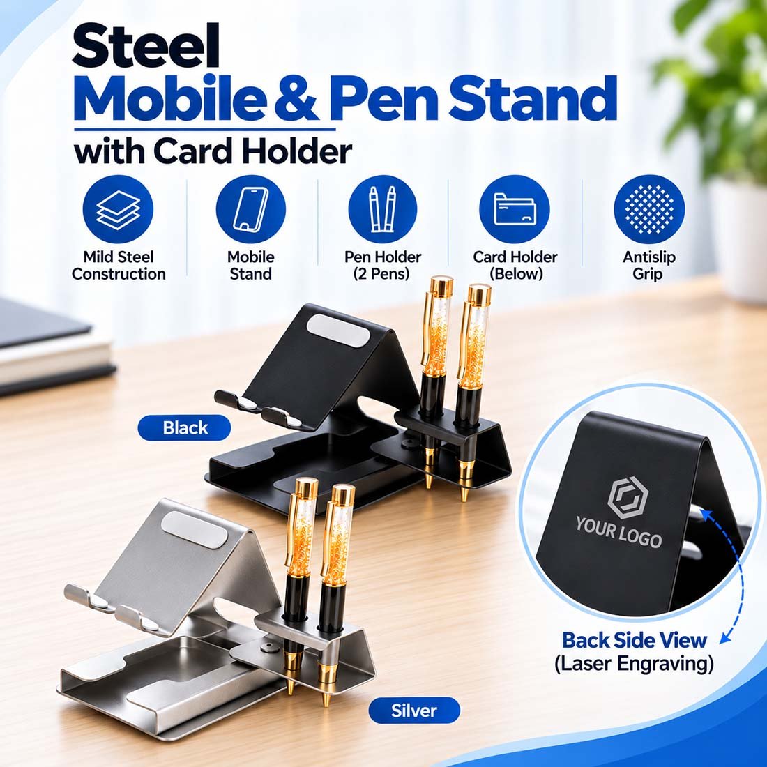 Steel 3-in-1 Mobile and Pen Stand with Card Holder Desktop Organizer customized with laser engraving by Right Marc Solutions Rajkot