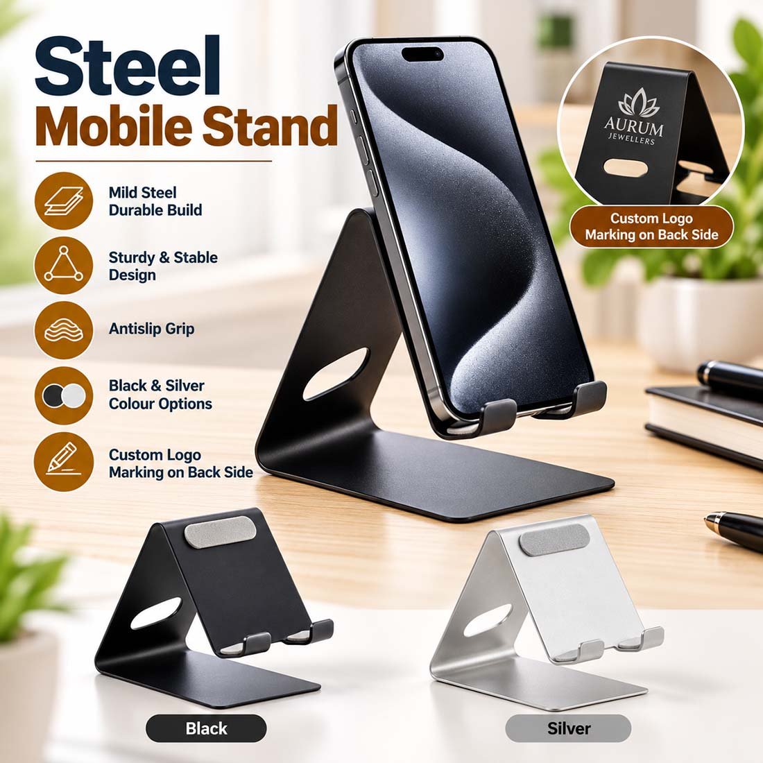 Custom laser engraved steel desktop mobile phone stand with anti-slip grip for corporate workstations