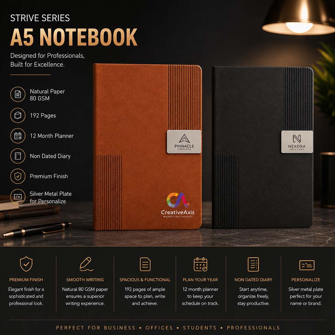 Strive series A5 executive planner notebook diary with engraved silver metal logo plate and ribbed textured cover in tan and black