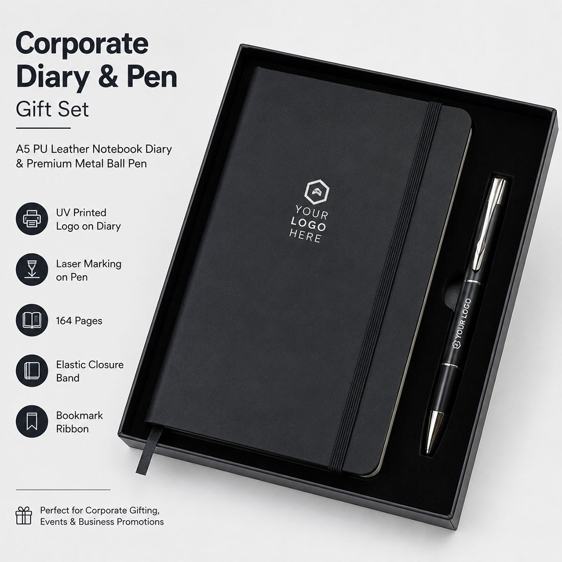 Premium A5 PU Leather Corporate Diary and Metal Ball Pen Gift Set with Custom UV Printed Logo and Laser Engraved Branding