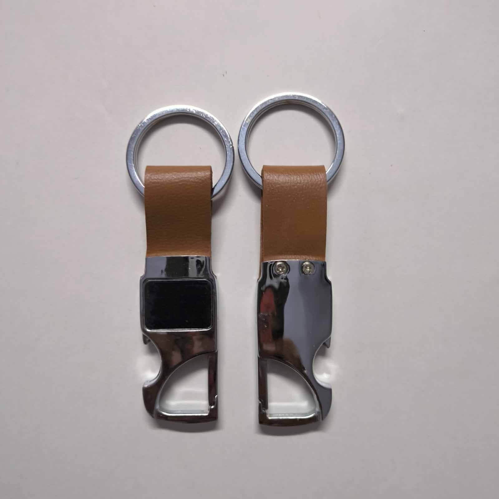 Blank Silver Bottle Opener Metal Keychain with Tan Leather Strap (E10) | Laser Engraved Keychains | Laser Engraving branding | product by Right Marc Solutions