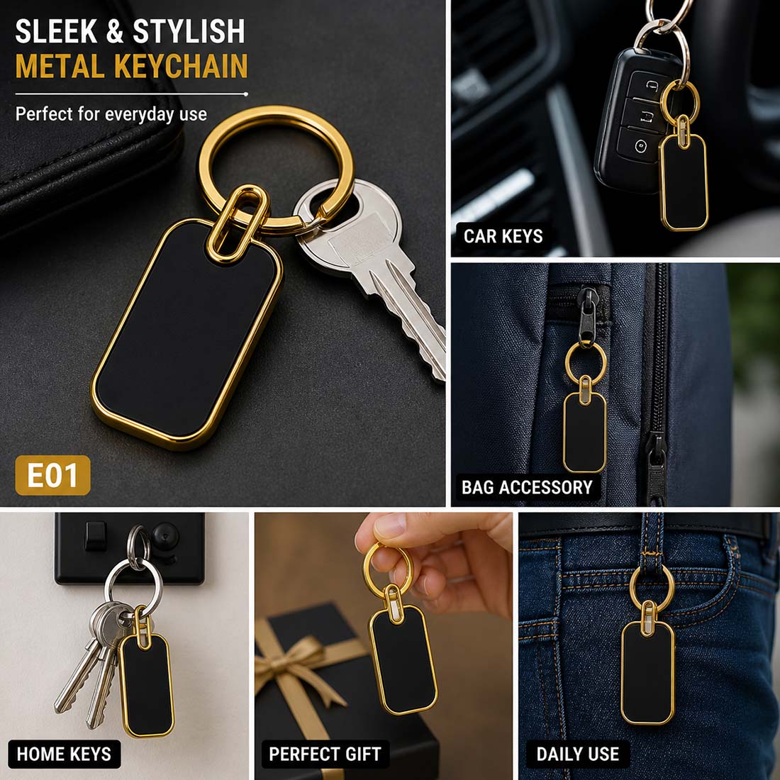Blank Gold Border Rectangle Keychain (E01) | Laser Engraved Keychains | Laser Engraving Service finish | gallery view 2