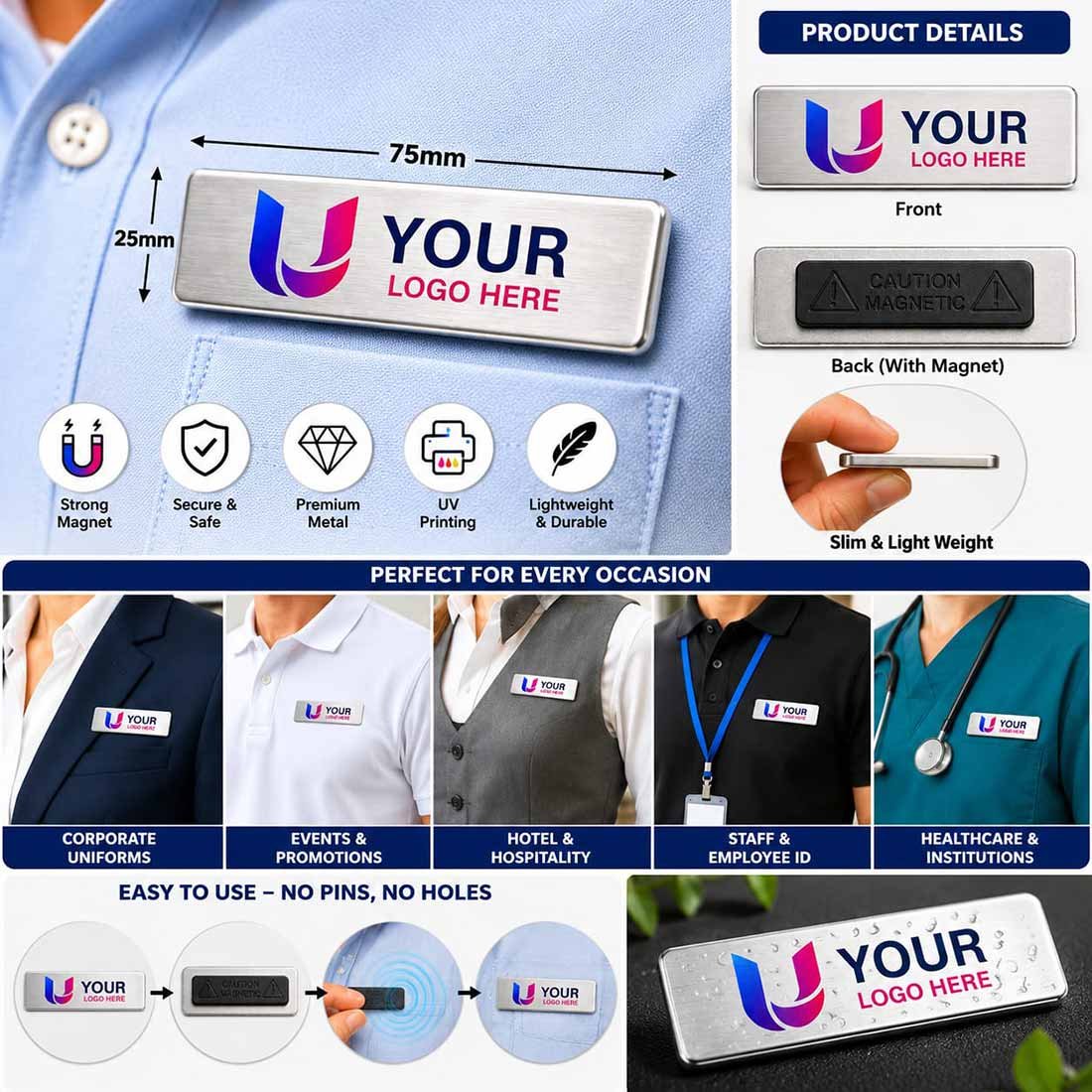 Corporate UV Printed Magnetic Metal Badges | Promotional Badges | UV Printing Service finish | gallery view 2