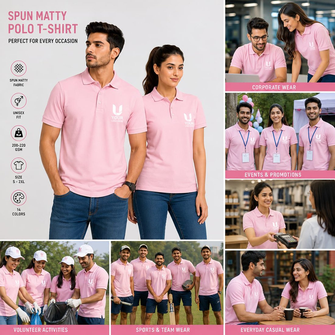 Spun Matty Pink Promotional Polo T-Shirts | T-Shirts | DTF Printing, Sublimation Printing finish | gallery view 2