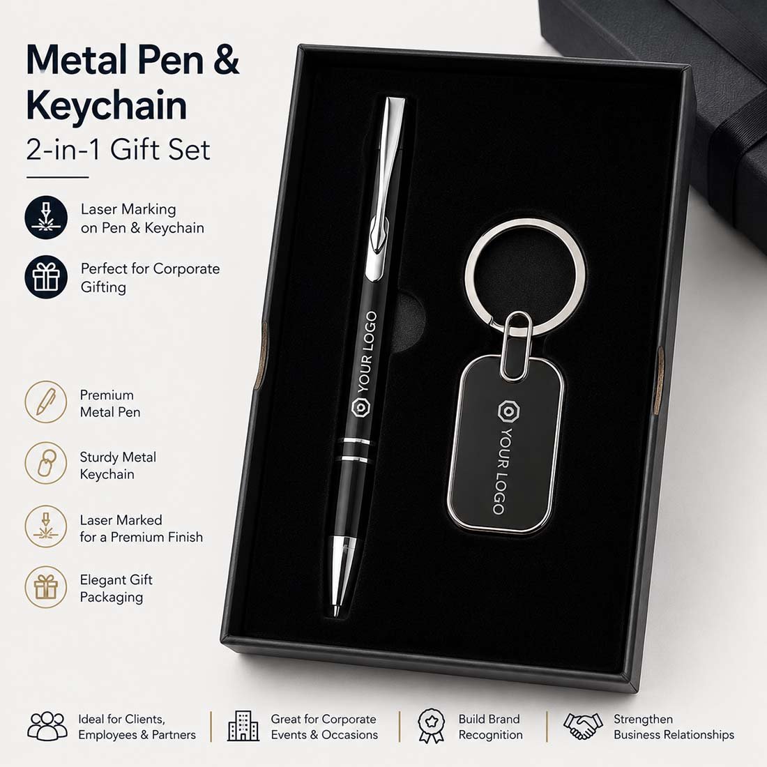 Premium Metal Pen and Metal Keychain 2-in-1 Corporate Gift Set with Custom Laser Engraved Logo