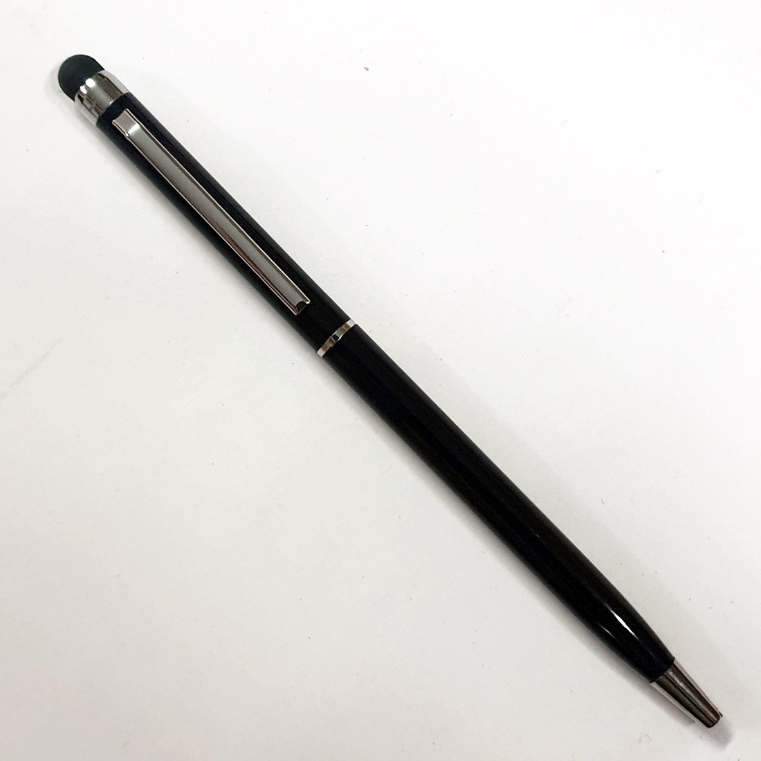 MP21 Slim Touch Black Metal Pen blank featuring a built-in stylus for touch-screen use and custom branding.