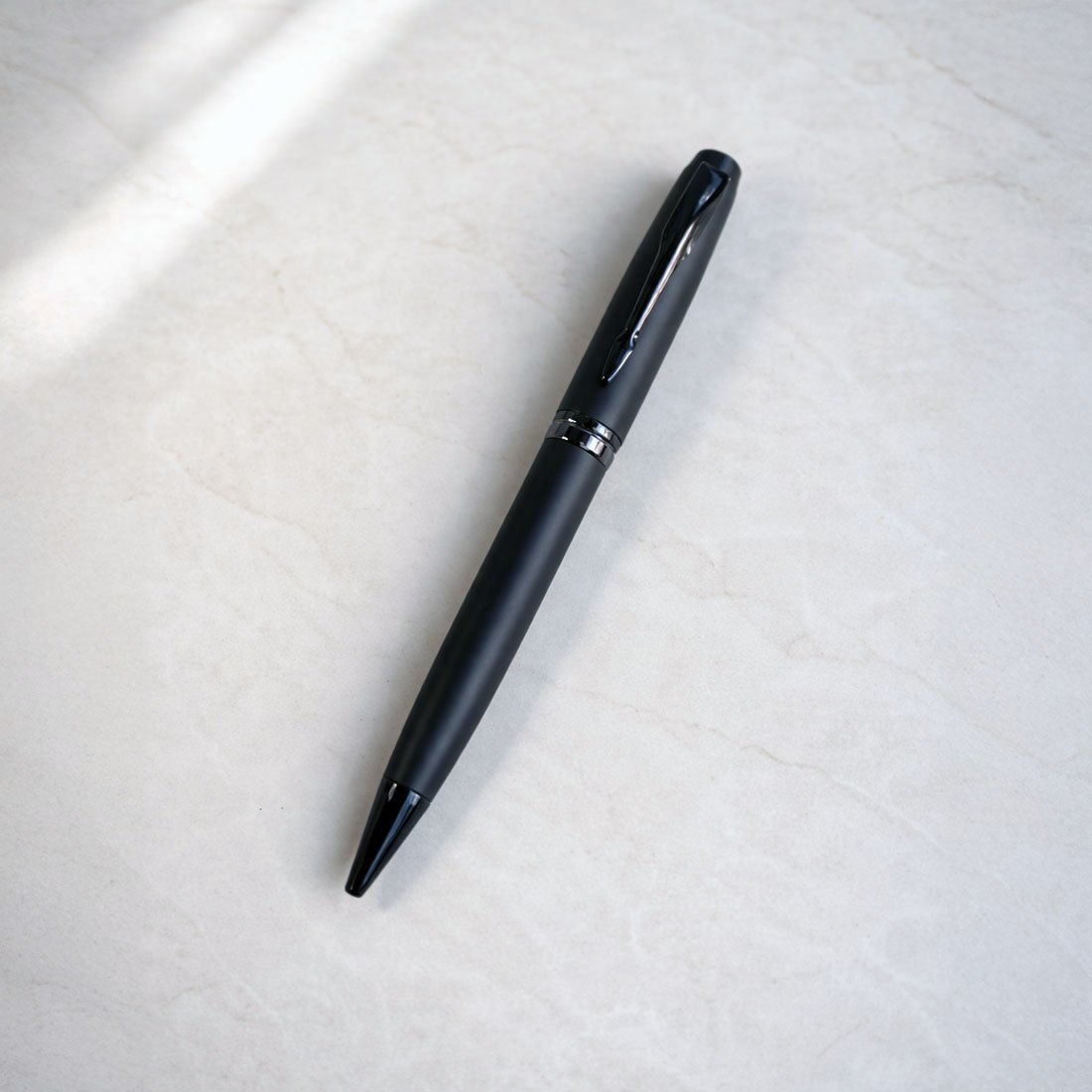 MP33 Russ Full Black Metal Ball Pen blank with a matte black clip and body for custom laser engraving.