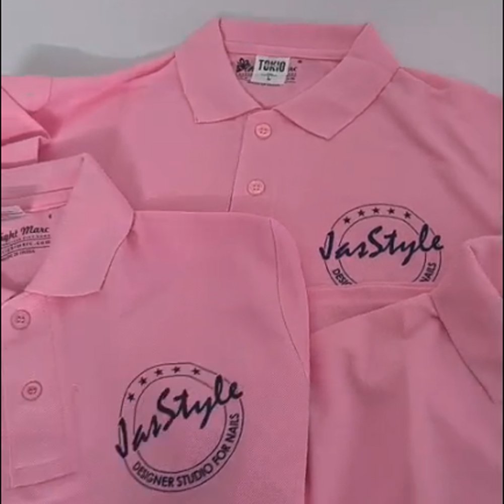 Custom Spun Matty Polo T-Shirts for Nail Studio | Spun Matty Pink Promotional Polo T-Shirts | Rajkot | completed project by Right Marc Solutions